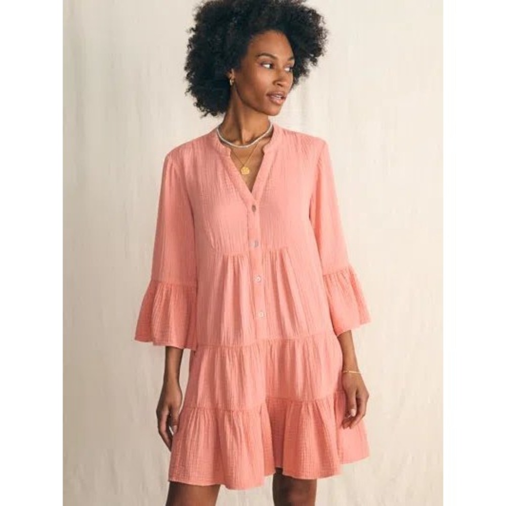 Faherty Kasey Dress Coral Pink Organic Cotton Gauze Tiered Mini 3/4 Bell Sleeve